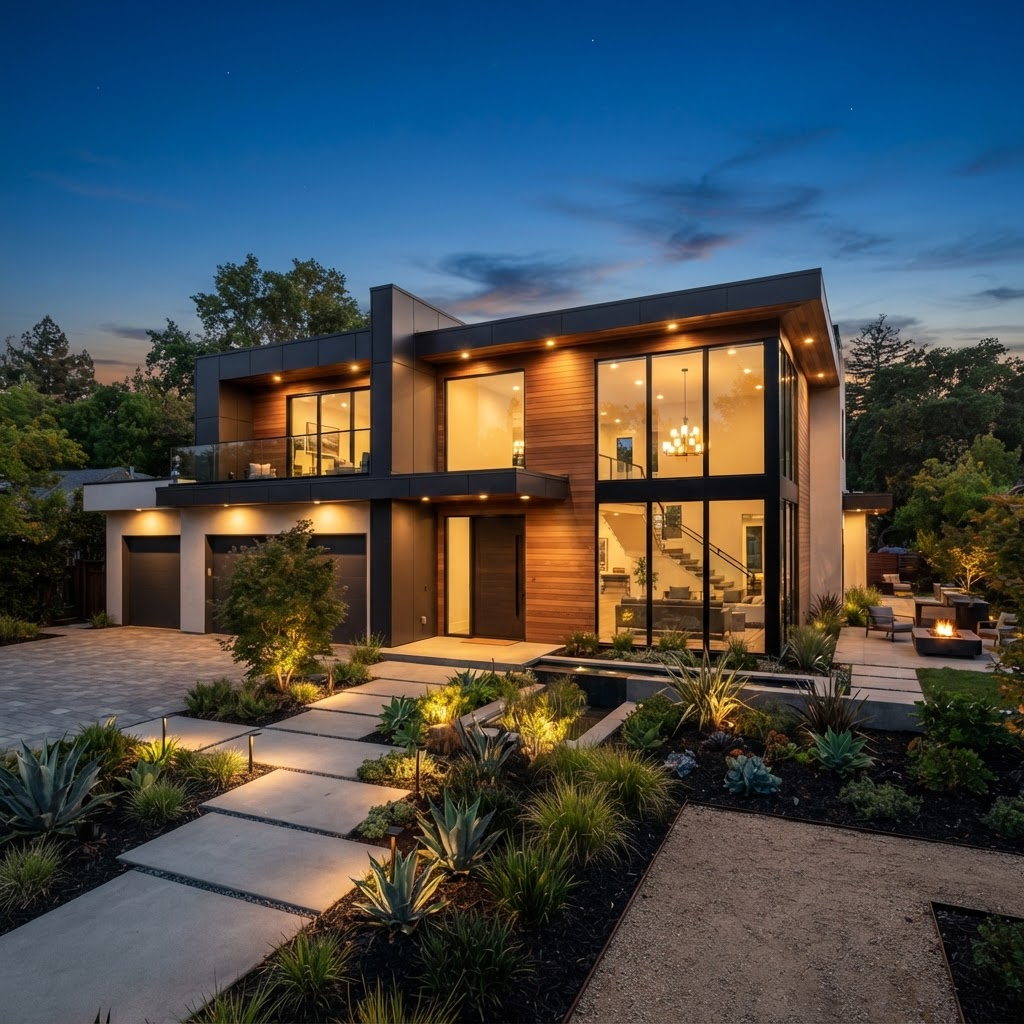 Finished modern custom home at dusk