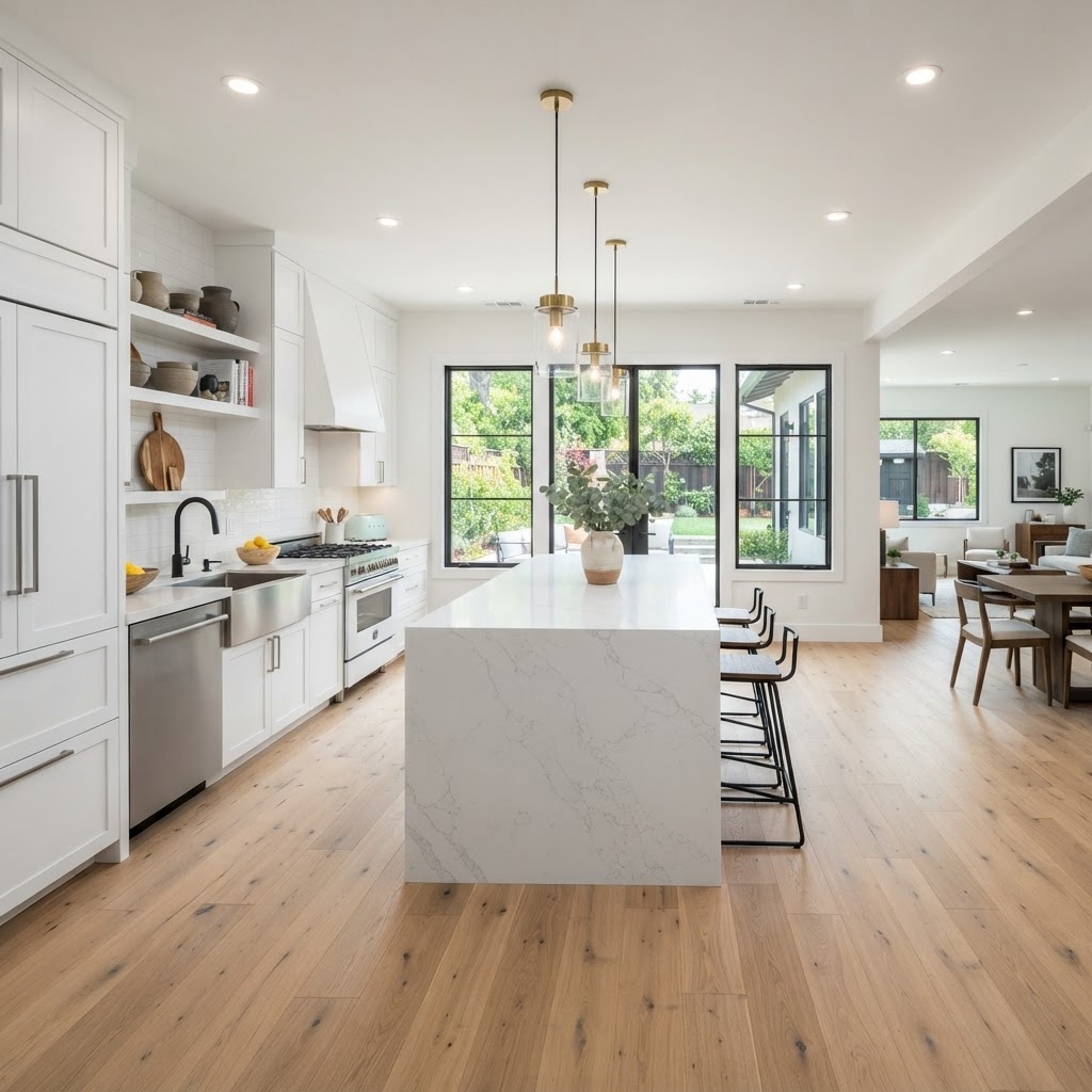 Renovated modern kitchen with white cabinets