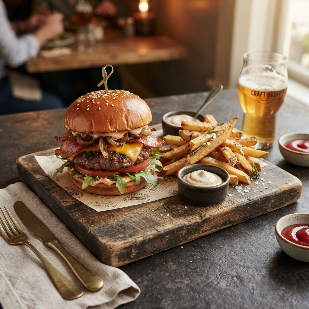 Gourmet burger with fries on a wooden board