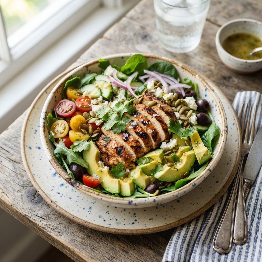 Fresh grilled chicken and avocado salad bowl