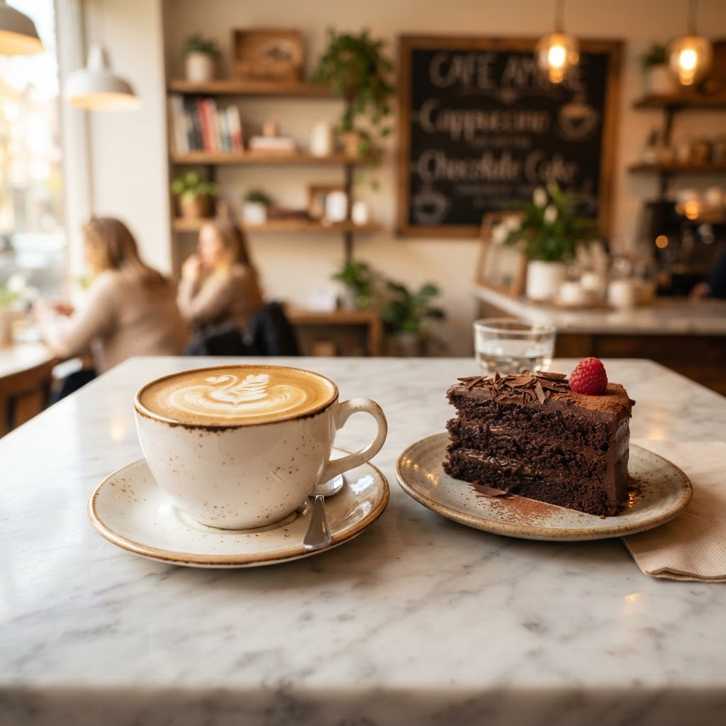Cappuccino with latte art and chocolate cake